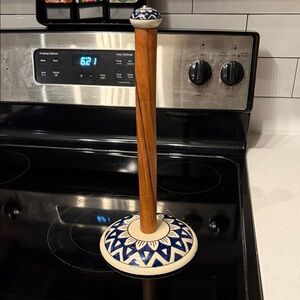 Wooden Paper Towel Holder with Blue and White Ceramic Accents